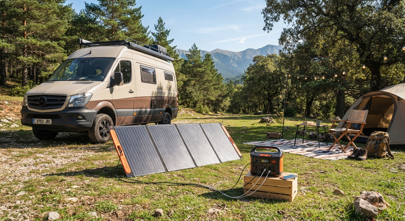 Kit de panel solar portátil alimentando una zona de camping junto a una furgoneta camper en la naturaleza