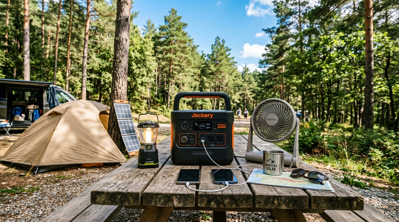 Estacion de energia portatil para camping en mesa de madera al aire libre