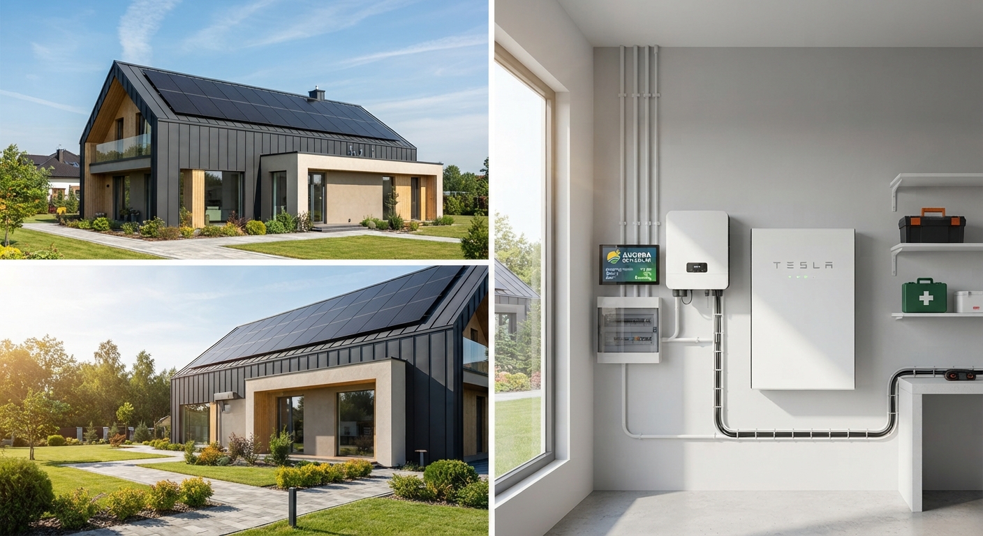 Casa moderna con paneles solares en el tejado y sistema de batería de acumulación en el interior