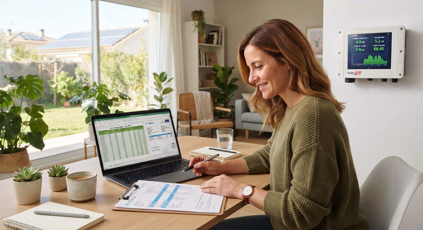 Persona analizando facturas de la luz y cálculos de ahorro en un portátil con monitor de energía solar